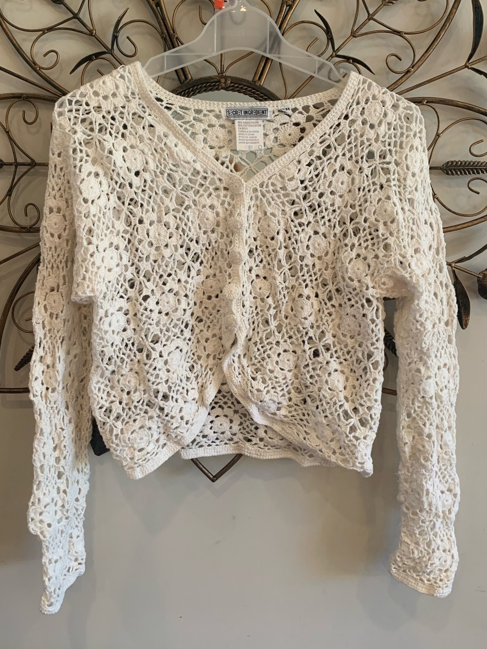 Vintage Crochet Openwork V-Neck Sweater Cardigan - White